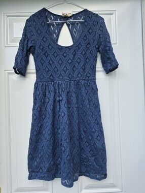 Roxy Navy Blue Short Sleeve Mini Dress With Cutout Keyhole Back 100% Cotton XS
